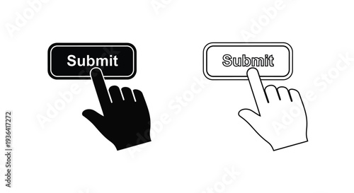 Two depictions of a hand clicking a submit button black and white