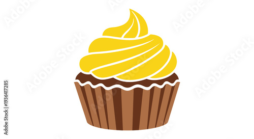 A stylized illustration of a yellow frosted cupcake on a brown wrapper