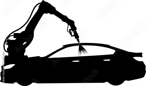 Automated robotic arm spraying paint on a sedan