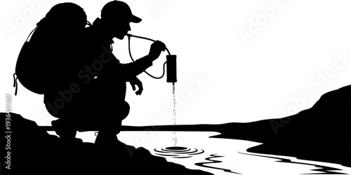 Backpacker filtering river water for safe drinking during hike