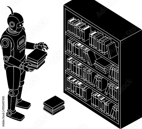 Autonomous robot librarian organizing books on tall shelves
