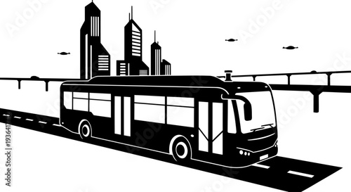 Autonomous electric bus traveling through a futuristic smart city