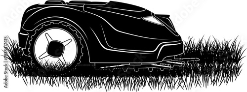 Autonomous robotic lawn mower silhouette cutting grass in a garden