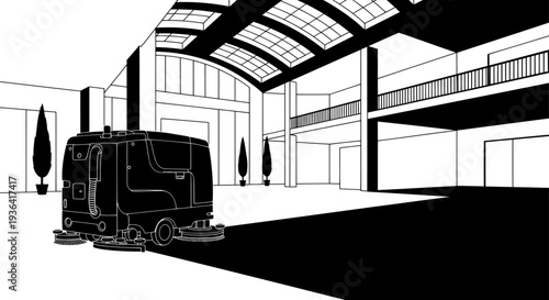 Autonomous floor scrubber robot cleaning modern hall silhouette