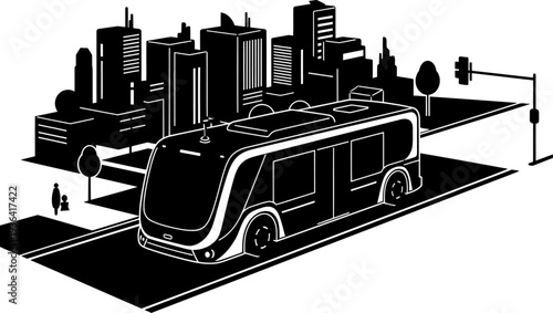 Autonomous electric bus driving through a modern smart city skyline