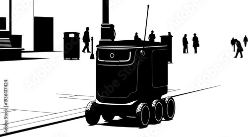 Autonomous delivery robot navigating urban sidewalk silhouette