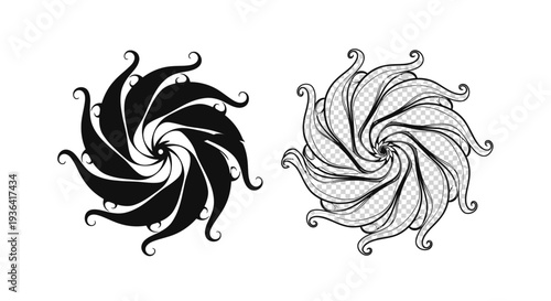 Two swirling ornate designs in black and grayscale resembling stylized floral patterns