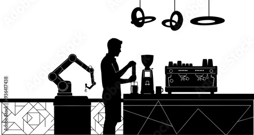 Barista preparing coffee alongside robotic arm assistant in modern cafe