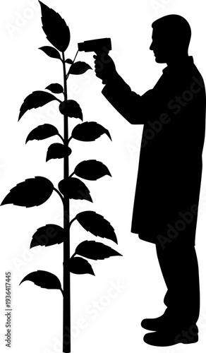 Botanist using a handheld sensor to analyze plant growth in a laboratory