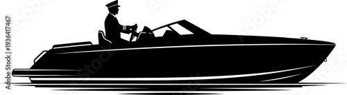 Captain navigating modern speedboat on water silhouette