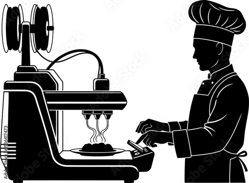 Chef operating 3d food printer in professional kitchen silhouette