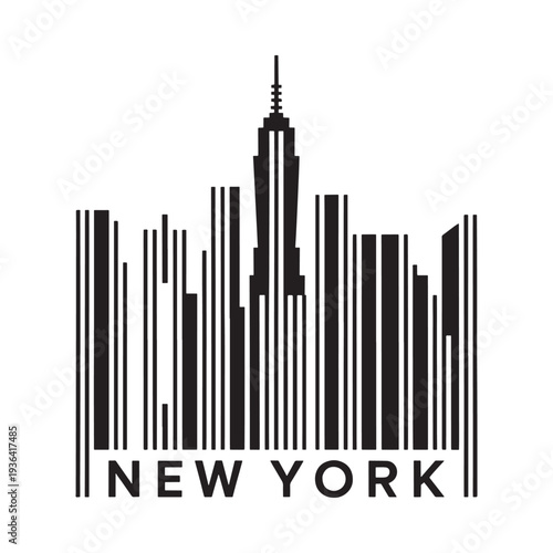 A stylized barcode illustration incorporating the new york city skyline