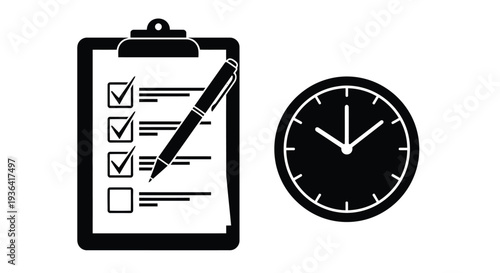 A black and white illustration of a clipboard pen clock and checklist