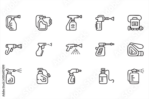 Garden Sprayer And Disinfectant Bottle Line Icon Set Vector