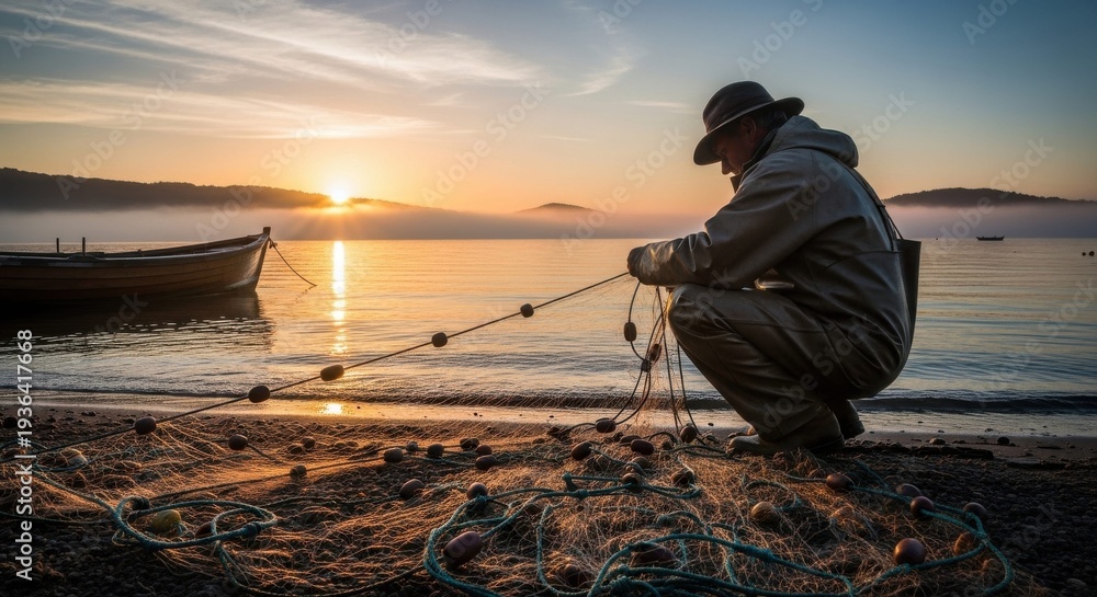 Fototapeta premium Lone fisherman repairing nets on a quiet shore at sunrise beside his moored boat, capturing timeless coastal labor, patience, resilience and respect for the sea