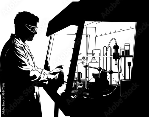 Chemist conducting experiment inside laboratory fume hood