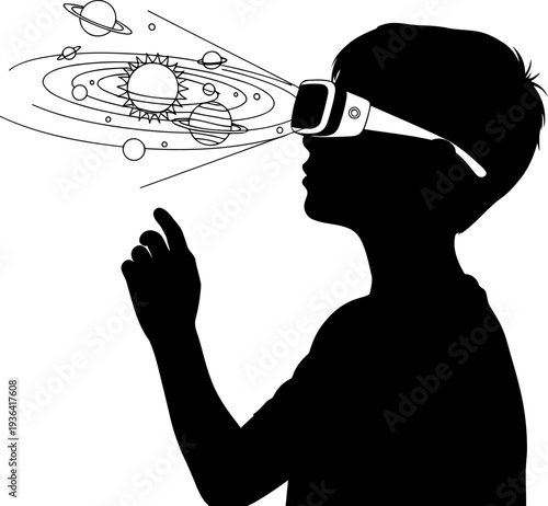 Child exploring solar system through virtual reality goggles