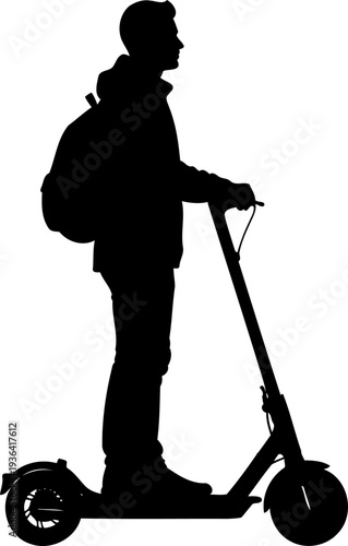 Commuter with backpack riding electric kick scooter