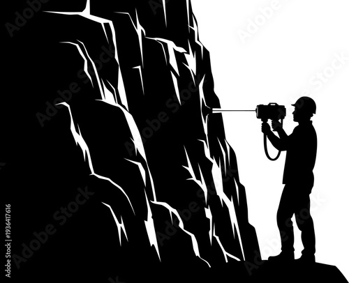Construction worker drilling into a rocky cliffside for stabilization