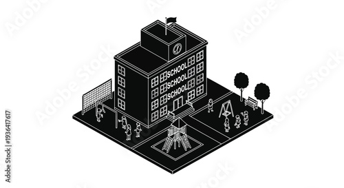 Isometric illustration of a school building with playground and children