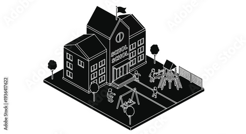 Isometric illustration of a school building with playground elements