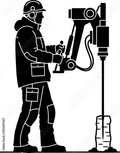 Construction worker operating heavy hydraulic rock drill silhouette