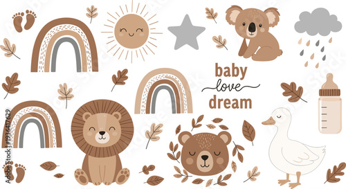 Boho Baby Animals Nursery Set Rainbow Lion Bear Koala Goose Sun Leaves Dream Quote Cute Neutral Kids Room Vector Illustration.
