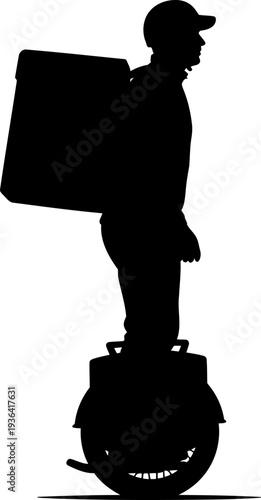 Courier silhouette with a large backpack riding an electric unicycle