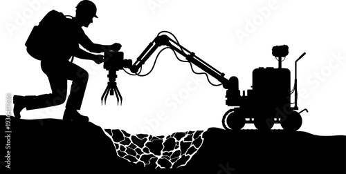 Construction worker operating remote controlled excavation machinery