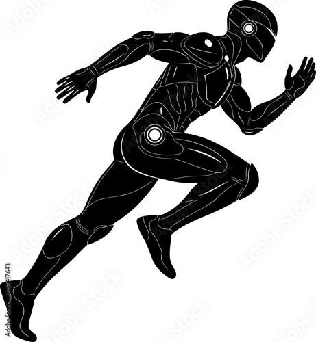 Cybernetic android silhouette sprinting in a dynamic forward motion