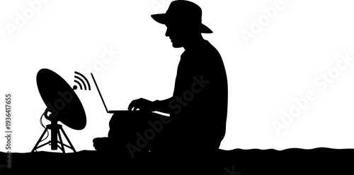 Digital nomad using laptop with portable satellite dish