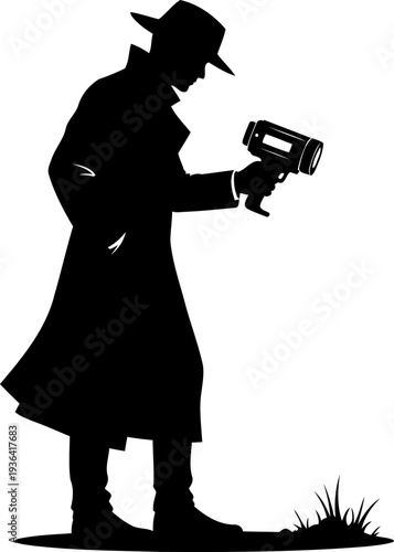 Detective with fedora using flashlight at night