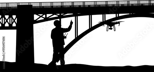 Drone pilot performing structural inspection under bridge
