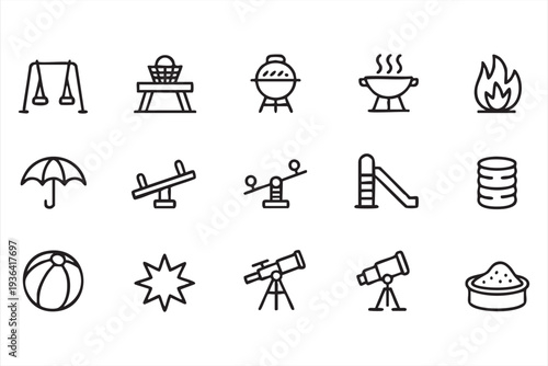 Minimal Outdoor Playground And Camping Activity Outline Icon Set