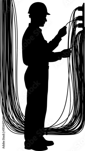 Electrician repairing complex electrical wiring panel