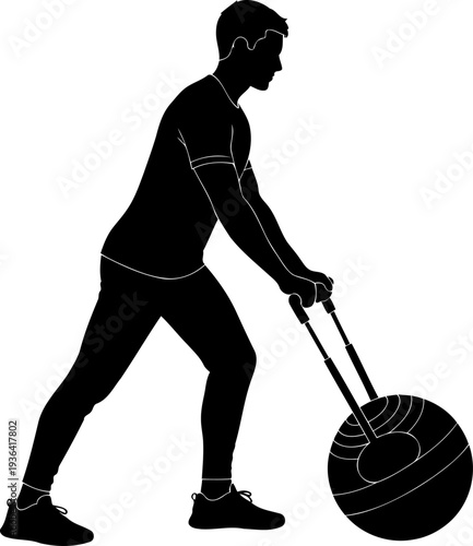 Fitness enthusiast pushing a heavy weighted ball with handles