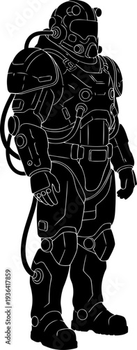 Futuristic heavy armored suit or deep sea diving gear
