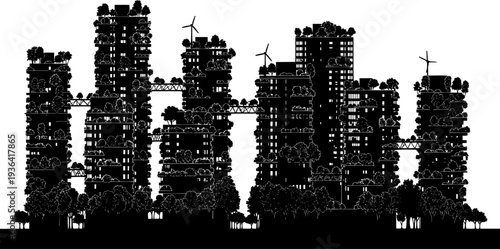 Futuristic eco city skyline with vertical forests and wind turbines silhouette