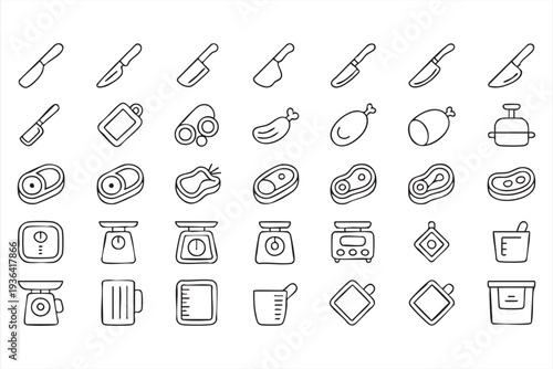 Steak Bacon Sausage And Meat Preparation Outline Icons