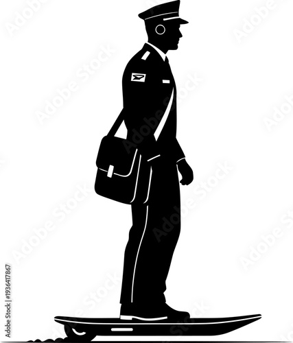 Futuristic mail carrier delivering packages on electric hoverboard