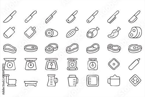 Professional Kitchen Butchery Tools And Food Line Icons