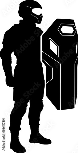 Futuristic soldier standing with a high-tech protective combat shield