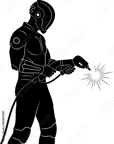 Futuristic technician using a laser welding tool in a power suit