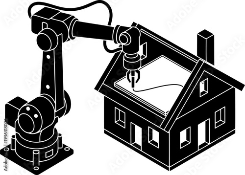 Industrial robot constructing residential house using 3d printing technology