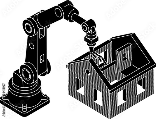 Industrial robotic arm silhouette constructing a house using 3d printing technology