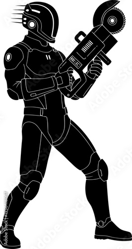 Industrial worker in protective suit holding large power saw