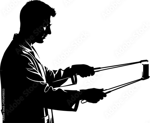 Lab technician handling hazardous sample with long laboratory tongs