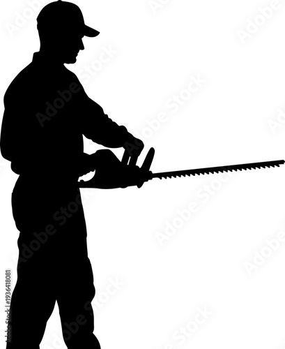 Landscaper using a long reach hedge trimmer for garden maintenance