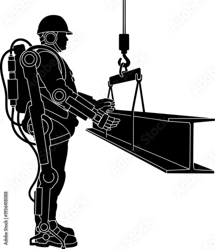 Industrial worker using a power exoskeleton to lift a heavy steel beam