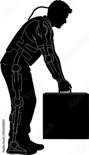 Logistics worker lifting a heavy crate using a power exoskeleton